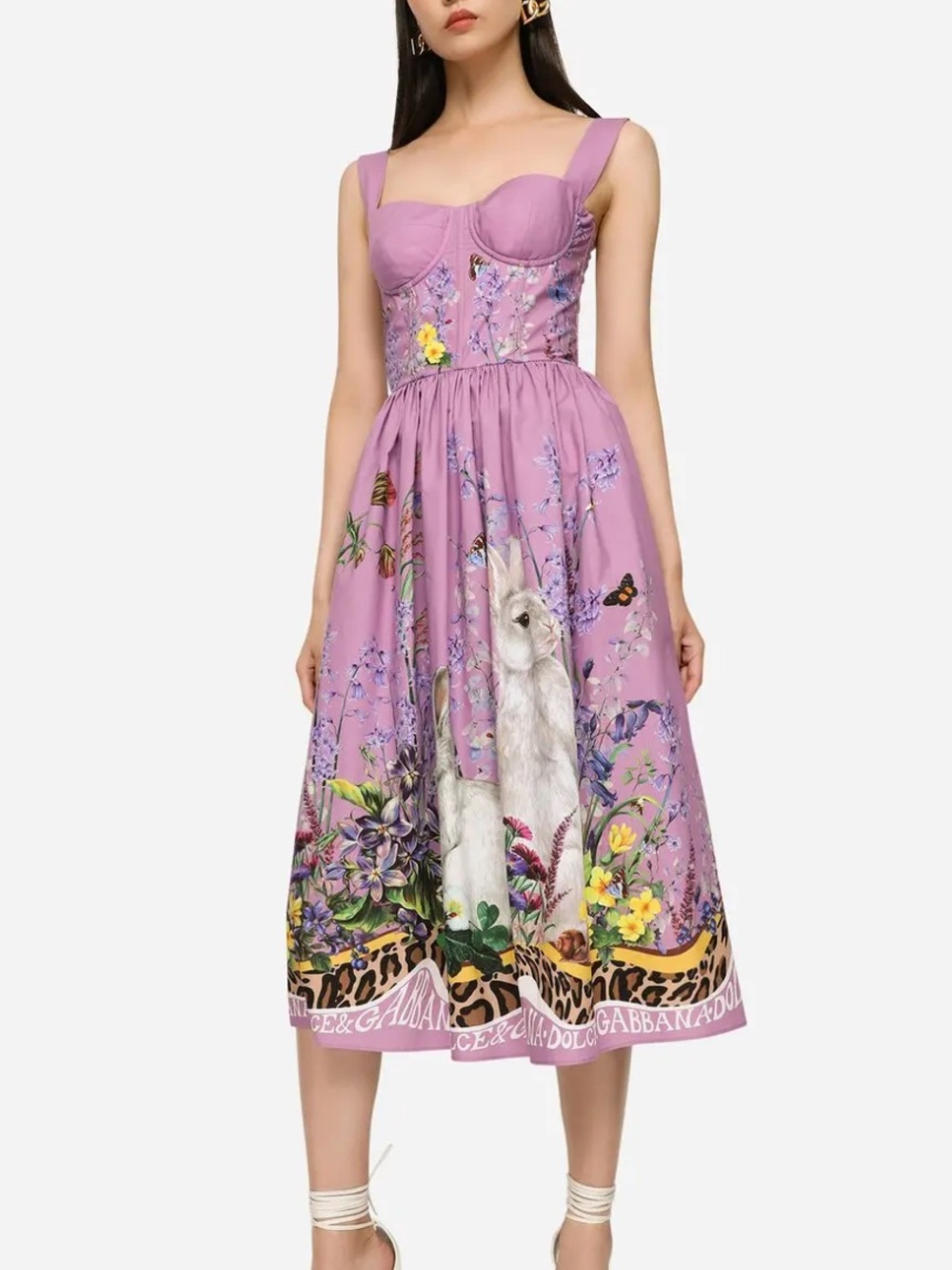 Dolce & Gabbana Bustier Dress in Rabbit-Print Poplin Calf-Length